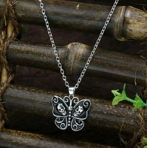 Black enamel butterfly skull long necklace NEW